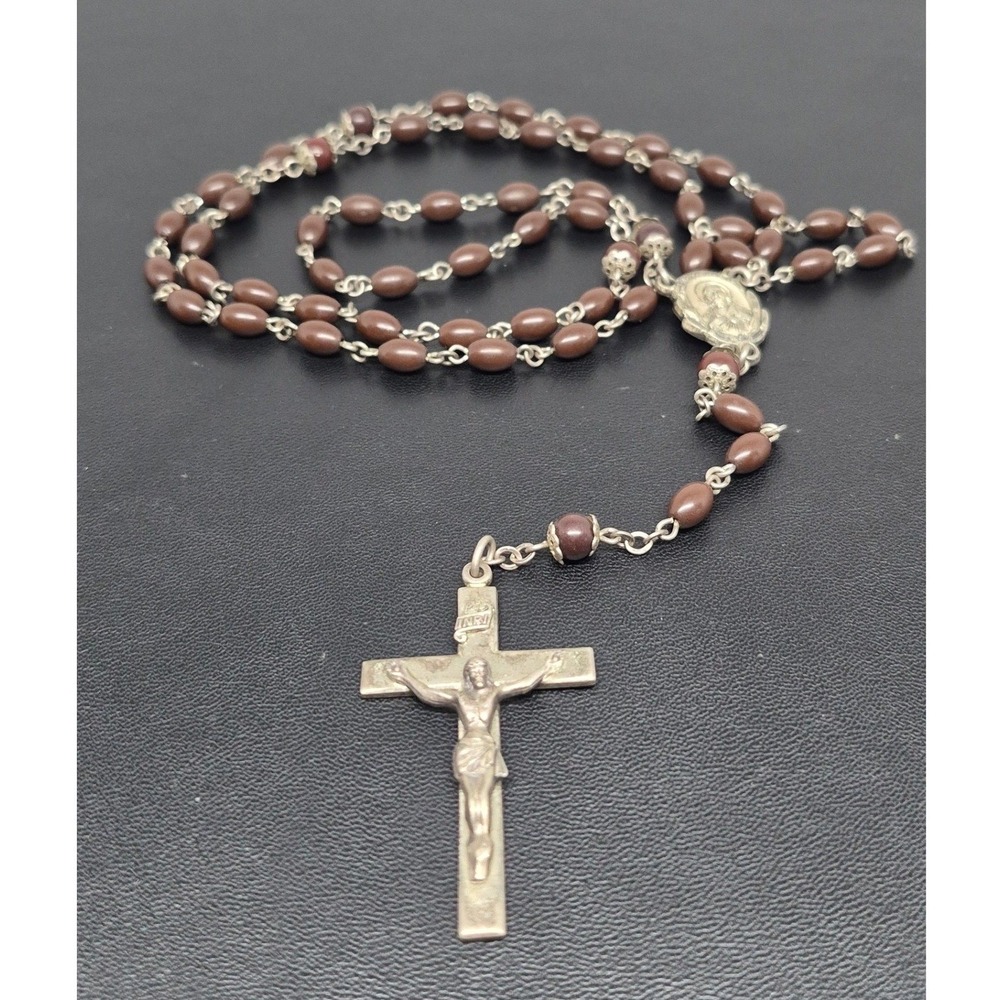 Vintage Creed Rosary Sterling Silver Brown Bead Catholic Crucifix Prayer
